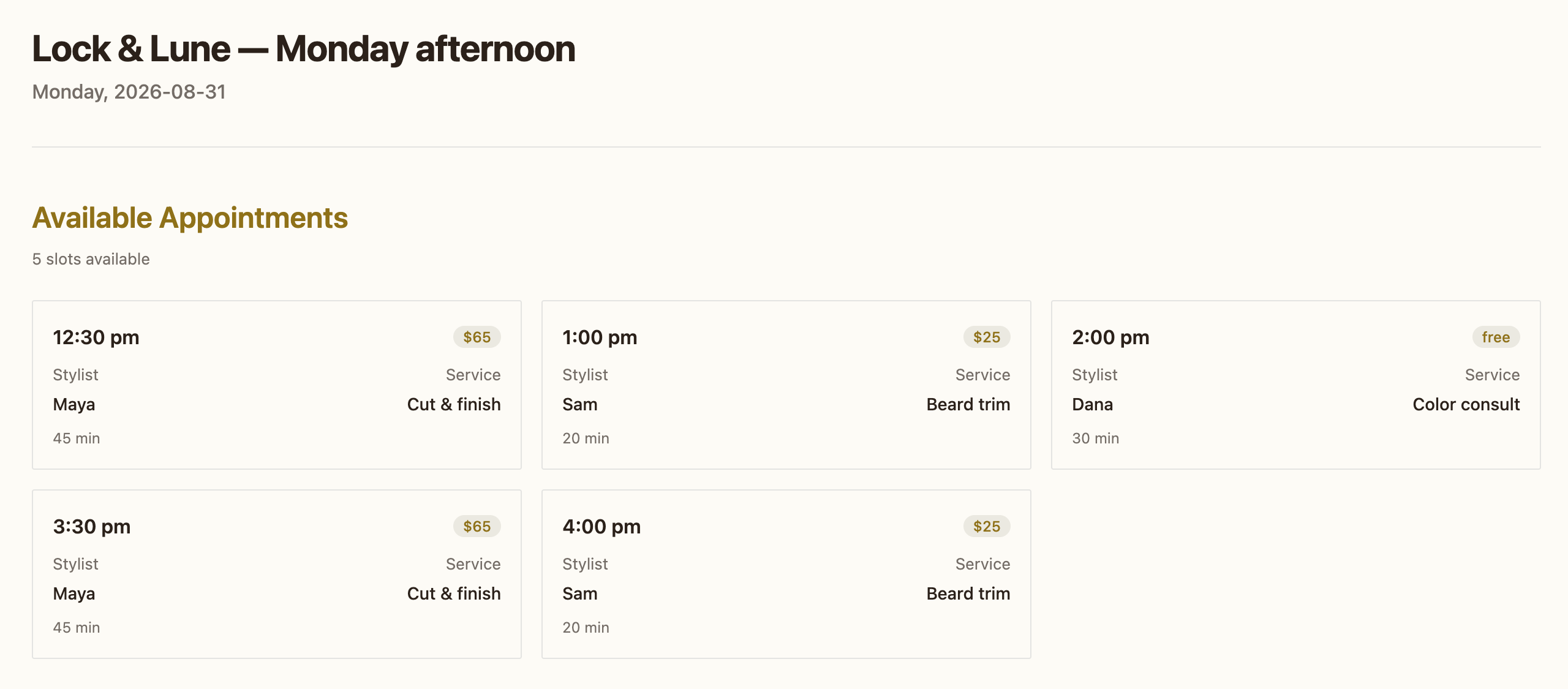A real generative-UI card from the live Trimly demo — one generation against the app's quota