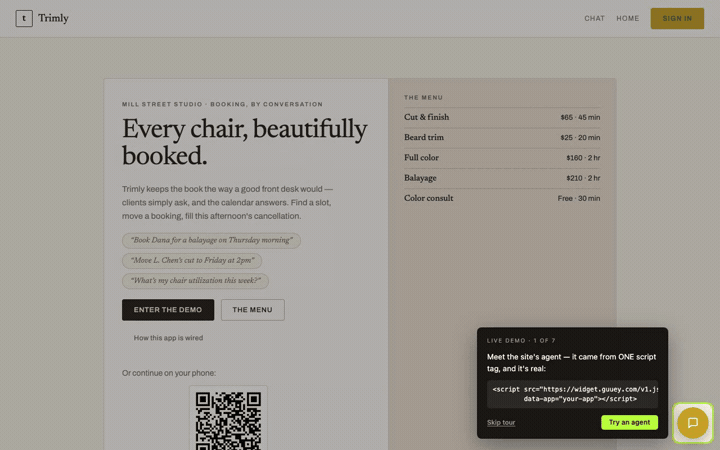 The live Trimly demo: one script tag goes in, a visitor asks with no signup, and the agent answers with a working booking card